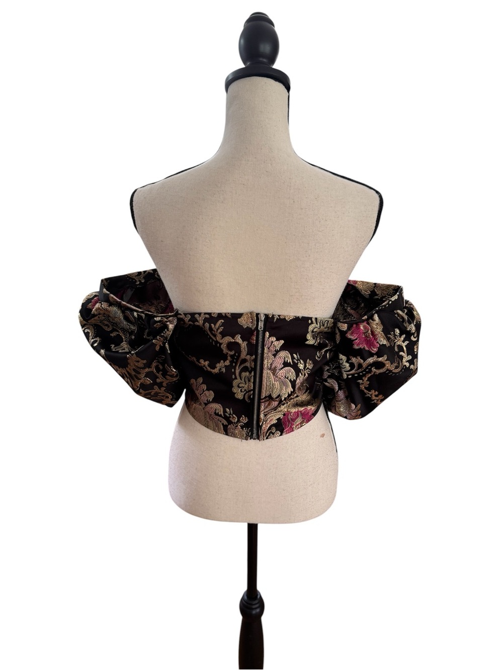 Off-Shoulder Floral Brocade Corset Top in Black and Gold - Picture 2 of 2